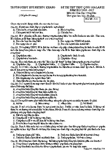 Đề thi thử THPT quốc gia môn Giáo dục công dân (Lần III) - Mã đề 719 - Năm học 2016-2017 - Trường THPT Huỳnh Thúc Kháng (Kèm đáp án)