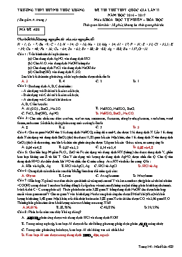 Đề thi thử THPT quốc gia môn Hóa học (Lần II) - Mã đề 485 - Năm học 2016-2017 - Trường THPT Huỳnh Thúc Kháng (Kèm đáp án)