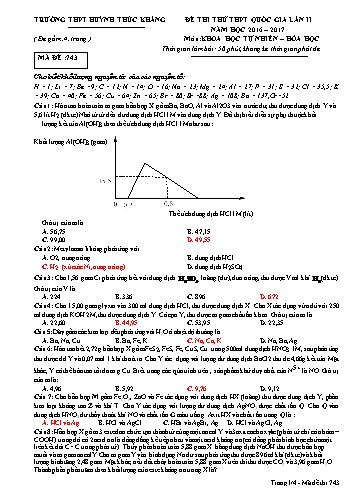 Đề thi thử THPT quốc gia môn Hóa học (Lần II) - Mã đề 743 - Năm học 2016-2017 - Trường THPT Huỳnh Thúc Kháng (Kèm đáp án)