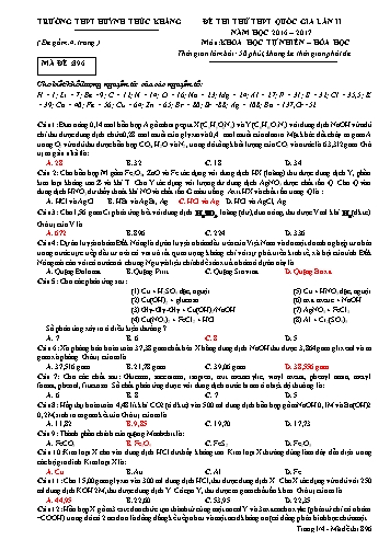 Đề thi thử THPT quốc gia môn Hóa học (Lần II) - Mã đề 896 - Năm học 2016-2017 - Trường THPT Huỳnh Thúc Kháng (Kèm đáp án)