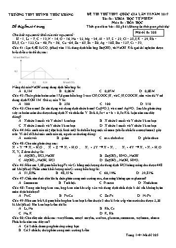 Đề thi thử THPT quốc gia môn Hóa học (Lần III) - Mã đề 205 - Năm học 2016-2017 - Trường THPT Huỳnh Thúc Kháng (Kèm đáp án)