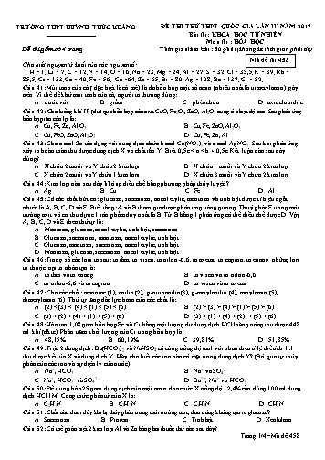 Đề thi thử THPT quốc gia môn Hóa học (Lần III) - Mã đề 458 - Năm học 2016-2017 - Trường THPT Huỳnh Thúc Kháng (Kèm đáp án)