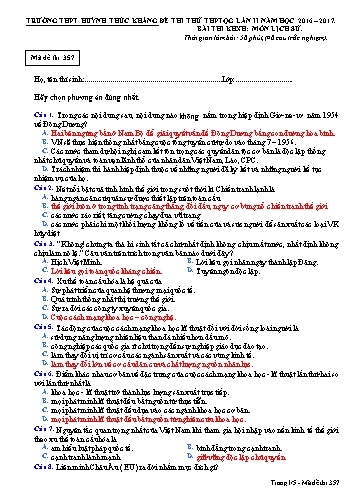 Đề thi thử THPT quốc gia môn Lịch sử (Lần II) - Mã đề 357 - Năm học 2016-2017 - Trường THPT Huỳnh Thúc Kháng (Có đáp án)