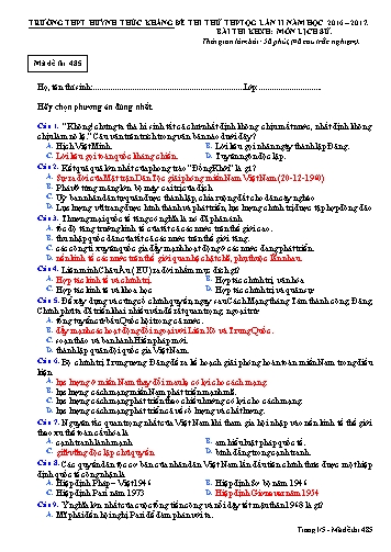 Đề thi thử THPT quốc gia môn Lịch sử (Lần II) - Mã đề 485 - Năm học 2016-2017 - Trường THPT Huỳnh Thúc Kháng (Có đáp án)