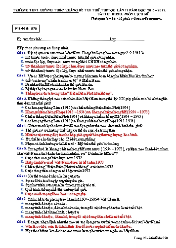Đề thi thử THPT quốc gia môn Lịch sử (Lần II) - Mã đề 570 - Năm học 2016-2017 - Trường THPT Huỳnh Thúc Kháng (Có đáp án)