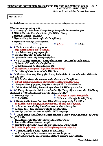 Đề thi thử THPT quốc gia môn Lịch sử (Lần II) - Mã đề 743 - Năm học 2016-2017 - Trường THPT Huỳnh Thúc Kháng (Có đáp án)