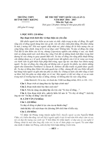 Đề thi thử THPT quốc gia môn Ngữ văn (Lần 2) - Năm học 2016-2017 - Trường THPT Huỳnh Thúc Kháng (Có đáp án)