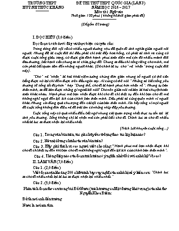 Đề thi thử THPT quốc gia môn Ngữ văn (Lần 3)- Năm học 2016-2017 - Trường THPT Huỳnh Thúc Kháng (Có đáp án)