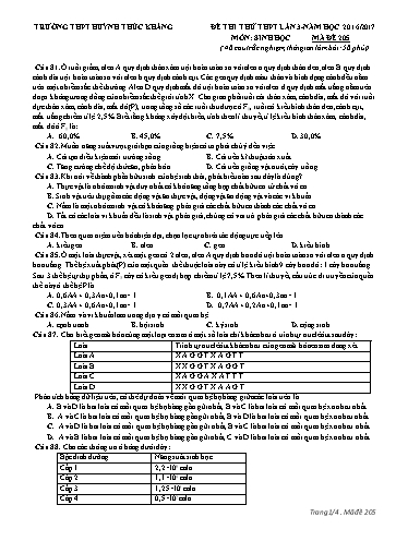 Đề thi thử THPT quốc gia môn Sinh học (Lần 3) - Mã đề 205 - Năm học 2016-2017 - Trường THPT Huỳnh Thúc Kháng (Kèm đáp án)