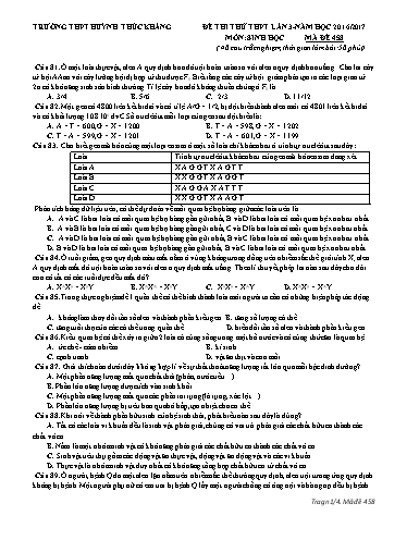 Đề thi thử THPT quốc gia môn Sinh học (Lần 3) - Mã đề 458 - Năm học 2016-2017 - Trường THPT Huỳnh Thúc Kháng (Kèm đáp án)