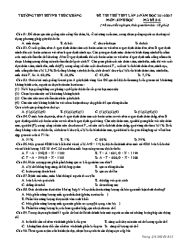 Đề thi thử THPT quốc gia môn Sinh học (Lần 3) - Mã đề 815 - Năm học 2016-2017 - Trường THPT Huỳnh Thúc Kháng (Kèm đáp án)