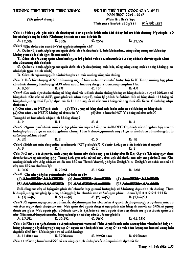 Đề thi thử THPT quốc gia môn Sinh học (Lần II) - Mã đề 357 - Năm học 2016-2017 - Trường THPT Huỳnh Thúc Kháng (Kèm đáp án)