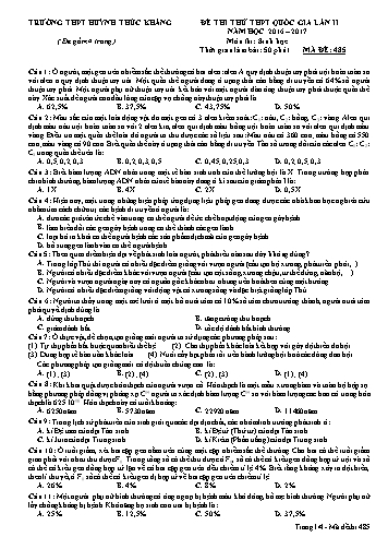 Đề thi thử THPT quốc gia môn Sinh học (Lần II) - Mã đề 485 - Năm học 2016-2017 - Trường THPT Huỳnh Thúc Kháng (Kèm đáp án)