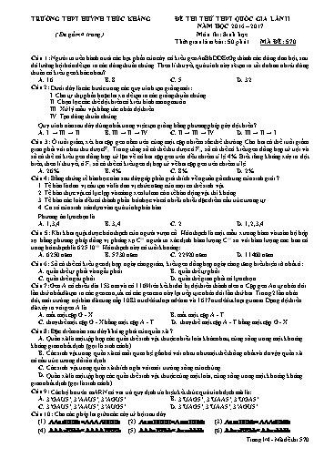 Đề thi thử THPT quốc gia môn Sinh học (Lần II) - Mã đề 570 - Năm học 2016-2017 - Trường THPT Huỳnh Thúc Kháng (Kèm đáp án)