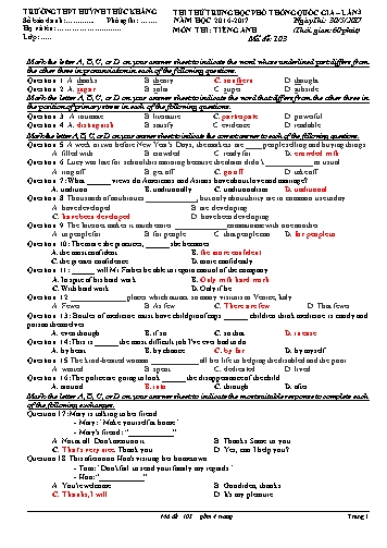 Đề thi thử THPT quốc gia môn Tiếng Anh (Lần 3) - Mã đề 103 - Năm học 2016-2017 - Trường THPT Huỳnh Thúc Kháng (Có đáp án)