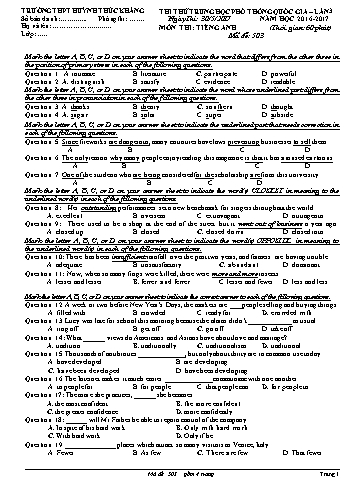Đề thi thử THPT quốc gia môn Tiếng Anh (Lần 3) - Mã đề 503 - Năm học 2016-2017 - Trường THPT Huỳnh Thúc Kháng (Có đáp án)