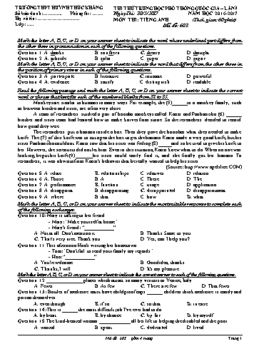 Đề thi thử THPT quốc gia môn Tiếng Anh (Lần 3) - Mã đề 603 - Năm học 2016-2017 - Trường THPT Huỳnh Thúc Kháng (Có đáp án)