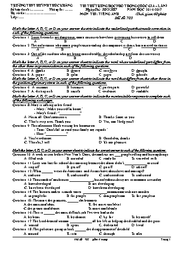 Đề thi thử THPT quốc gia môn Tiếng Anh (Lần 3) - Mã đề 703 - Năm học 2016-2017 - Trường THPT Huỳnh Thúc Kháng (Có đáp án)
