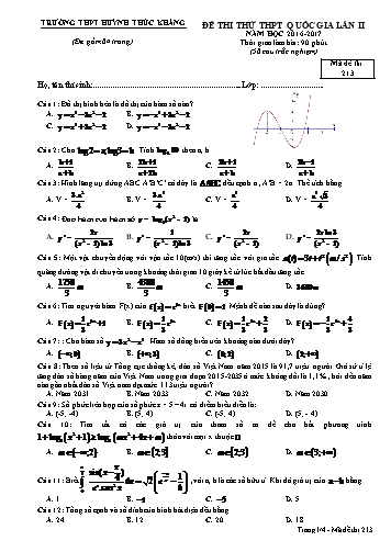 Đề thi thử THPT quốc gia môn Toán (Lần II) - Mã đề 213 - Năm học 2016-2017 - Trường THPT Huỳnh Thúc Kháng (Kèm đáp án)