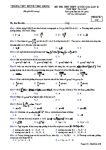Đề thi thử THPT quốc gia môn Toán (Lần II) - Mã đề 628 - Năm học 2016-2017 - Trường THPT Huỳnh Thúc Kháng (Kèm đáp án)