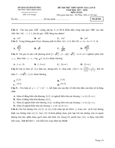 Đề thi thử THPT quốc gia môn Toán (Lần III) - Mã đề 001 - Năm học 2017-2018 - Trường THPT Kinh Môn (Có đáp án)