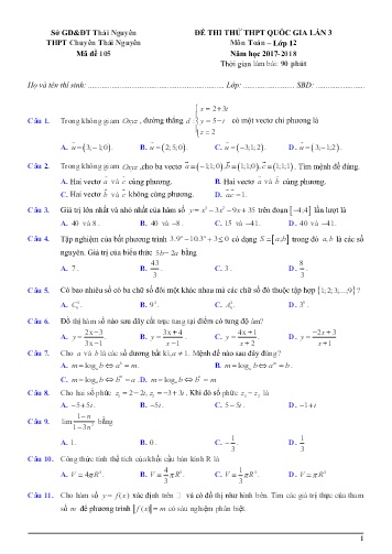 Đề thi thử THPT quốc gia môn Toán Lớp 12 (Lần 3) - Năm học 2017-2018 - Trường THPT Chuyên Thái Nguyên (Có đáp án)