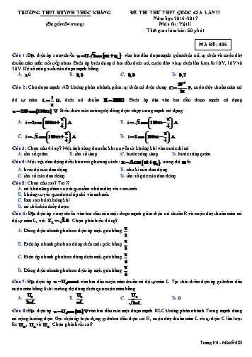Đề thi thử THPT quốc gia môn Vật lí (Lần II) - Mã đề 485 - Năm học 2016-2017 - Trường THPT Huỳnh Thúc Kháng (Kèm đáp án)