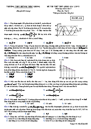 Đề thi thử THPT quốc gia môn Vật lí (Lần II) - Mã đề 628 - Năm học 2016-2017 - Trường THPT Huỳnh Thúc Kháng (Kèm đáp án)