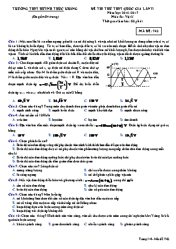 Đề thi thử THPT quốc gia môn Vật lí (Lần II) - Mã đề 743 - Năm học 2016-2017 - Trường THPT Huỳnh Thúc Kháng (Kèm đáp án)