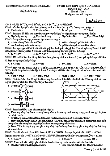Đề thi thử THPT quốc gia môn Vật lí (Lần III) - Mã đề 205 - Năm học 2016-2017 - Trường THPT Huỳnh Thúc Kháng (Kèm đáp án)