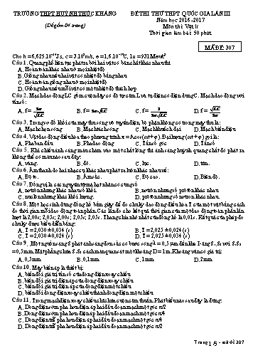 Đề thi thử THPT quốc gia môn Vật lí (Lần III) - Mã đề 307 - Năm học 2016-2017 - Trường THPT Huỳnh Thúc Kháng (Kèm đáp án)