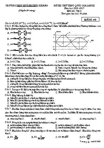 Đề thi thử THPT quốc gia môn Vật lí (Lần III) - Mã đề 458 - Năm học 2016-2017 - Trường THPT Huỳnh Thúc Kháng (Kèm đáp án)