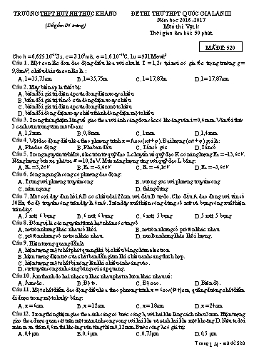 Đề thi thử THPT quốc gia môn Vật lí (Lần III) - Mã đề 520 - Năm học 2016-2017 - Trường THPT Huỳnh Thúc Kháng (Kèm đáp án)