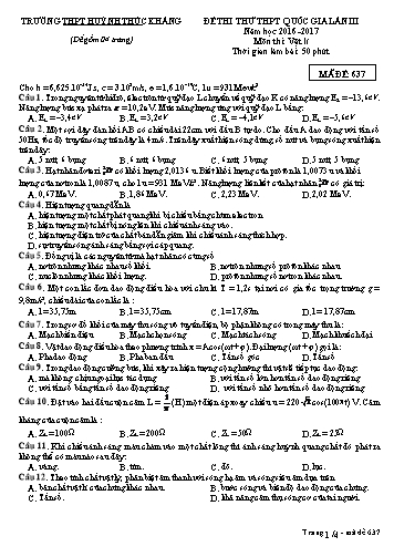 Đề thi thử THPT quốc gia môn Vật lí (Lần III) - Mã đề 637 - Năm học 2016-2017 - Trường THPT Huỳnh Thúc Kháng (Kèm đáp án)