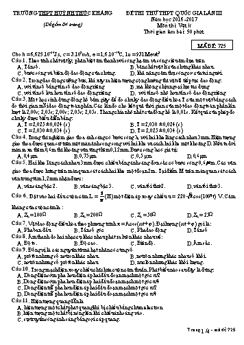 Đề thi thử THPT quốc gia môn Vật lí (Lần III) - Mã đề 725 - Năm học 2016-2017 - Trường THPT Huỳnh Thúc Kháng (Kèm đáp án)