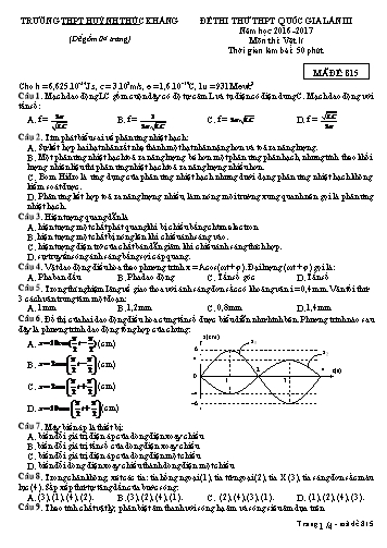 Đề thi thử THPT quốc gia môn Vật lí (Lần III) - Mã đề 815 - Năm học 2016-2017 - Trường THPT Huỳnh Thúc Kháng (Kèm đáp án)