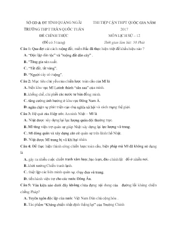 Đề thi thử THPT quốc gia năm 2017 môn Lịch sử 12 (Lần 2) - Trường THPT Trần Quốc Tuấn (Có đáp án)