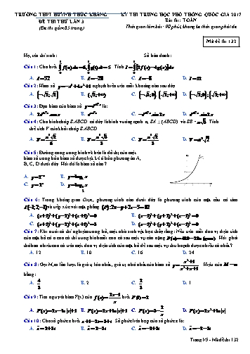 Đề thi thử THPT quốc gia năm 2017 môn Toán (Lần 3) - Mã đề 132 - Trường THPT Huỳnh Thúc Kháng (Kèm đáp án)