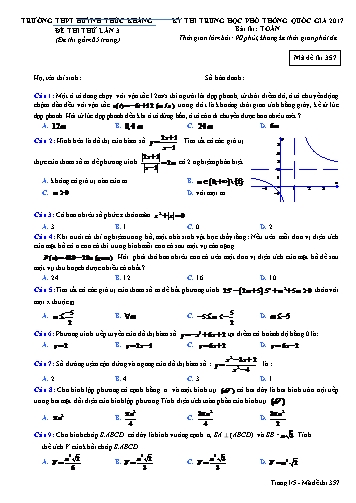 Đề thi thử THPT quốc gia năm 2017 môn Toán (Lần 3) - Mã đề 357 - Trường THPT Huỳnh Thúc Kháng (Kèm đáp án)