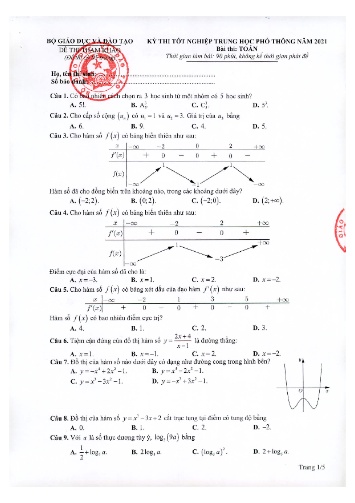 Đề thi tốt nghiệp THPT năm 2021 môn Toán
