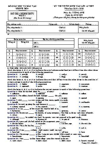 Đề thi tuyển sinh Lớp 10 THPT môn Tiếng Anh - Mã đề 1 - Năm học 2019-2020 - Sở GD&ĐT Khánh Hòa (Kèm đáp án)