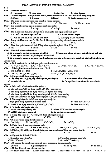Đề trắc nghiệm lí thuyết chương Halogen môn Hóa học 10