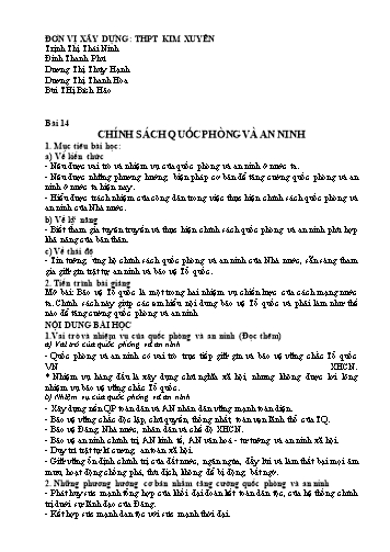 Đề trắc nghiệm môn Giáo dục công dân Lớp 11 - Bài 14: Chính sách quốc phòng và an ninh - Trường THPT Kim Xuyên (Có đáp án)