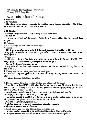 Đề trắc nghiệm môn Giáo dục công dân Lớp 11 - Bài 15: Chính sách đối ngoại - Trường THPT Đông Thọ (Có đáp án)
