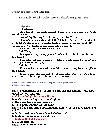 Đề trắc nghiệm môn Lịch sử Lớp 11 - Bài 10: Liên Xô xây dựng chủ nghĩa xã hội (1921-1941) - Trường THPT Lâm Bình (Có đáp án)