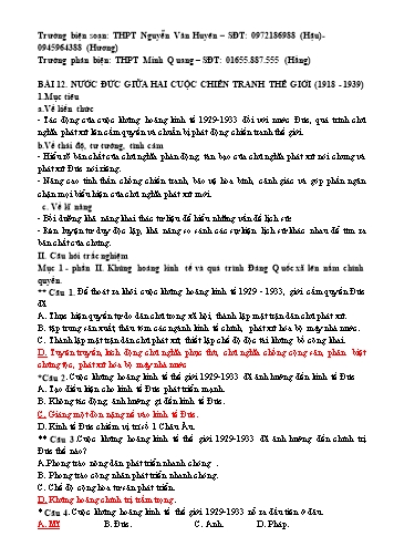 Đề trắc nghiệm môn Lịch sử Lớp 11 - Bài 12: Nước Đức giữa hai cuộc chiến tranh thế giới (1918-1939) - THPT Nguyễn Văn Huyên (Có đáp án)