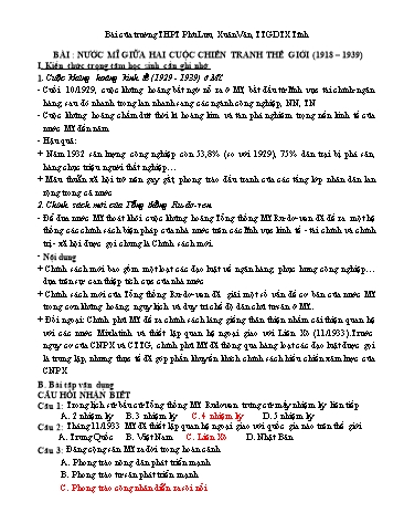 Đề trắc nghiệm môn Lịch sử Lớp 11 - Bài 13: Nước Mĩ giữa hai cuộc chiến tranh thế giới (1918-1939) - THPT Phù Lưu (Có đáp án)