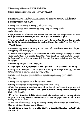 Đề trắc nghiệm môn Lịch sử Lớp 11 - Bài 15: Phong trào cách mạng ở Trung Quốc và Ấn Độ - Tô Thị Vui (Có đáp án)