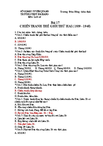 Đề trắc nghiệm môn Lịch sử Lớp 11 - Bài 17: Chiến tranh thế giới thứ hai (1939-1945) - Trường THPT Na Hang (Có đáp án)