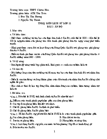 Đề trắc nghiệm môn Lịch sử Lớp 11 - Bài 2: Ấn Độ - Trường THPT Chiêm Hóa (Có đáp án)